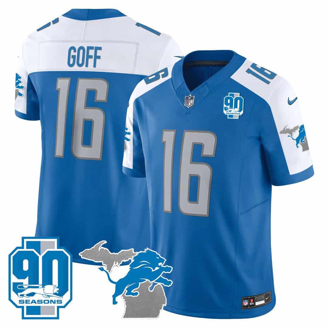Men Detroit Lions #16 Goff Blue 2024 Nike 90th Year Michigan Patch Vapor NFL Jersey